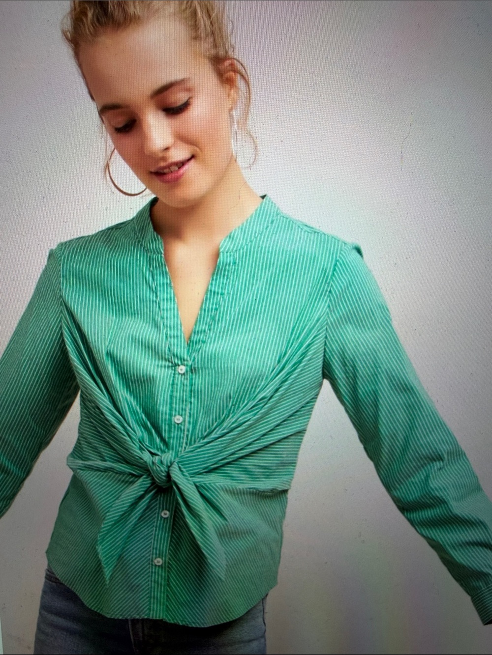 Maeve Anthropologie sz 8 Katherine green white striped tie-up button down shirt
